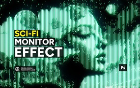 复古科幻美学故障矩阵照片效果ps特效滤镜样机 Retro Sci-Fi Matrix Monitor Effect