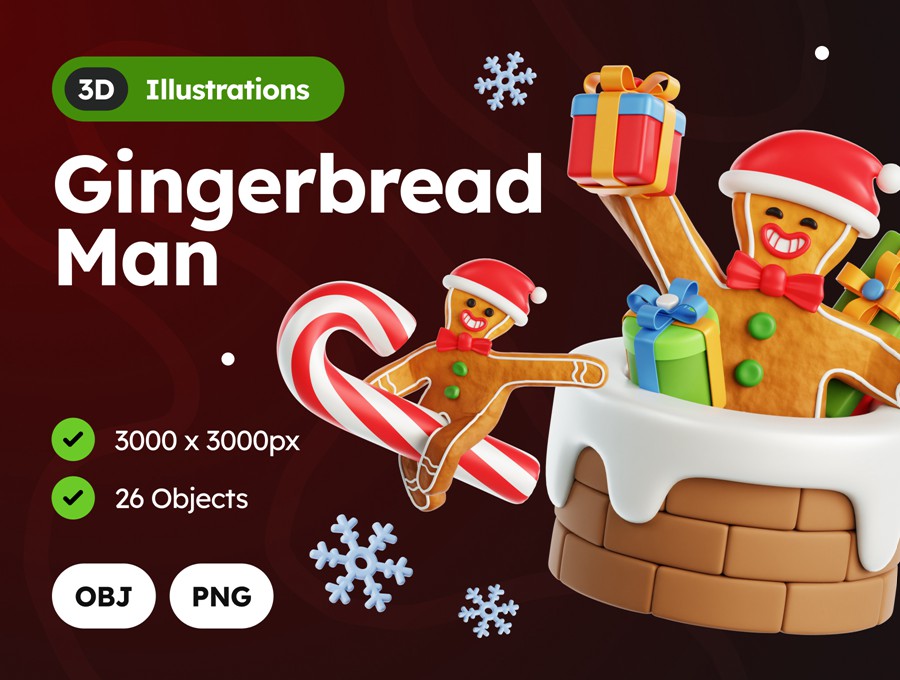 26款卡通趣味圣诞老人3D姜饼人插图插画设计OBJ/PNG格式素材 3D Gingerbread Man , 第1张