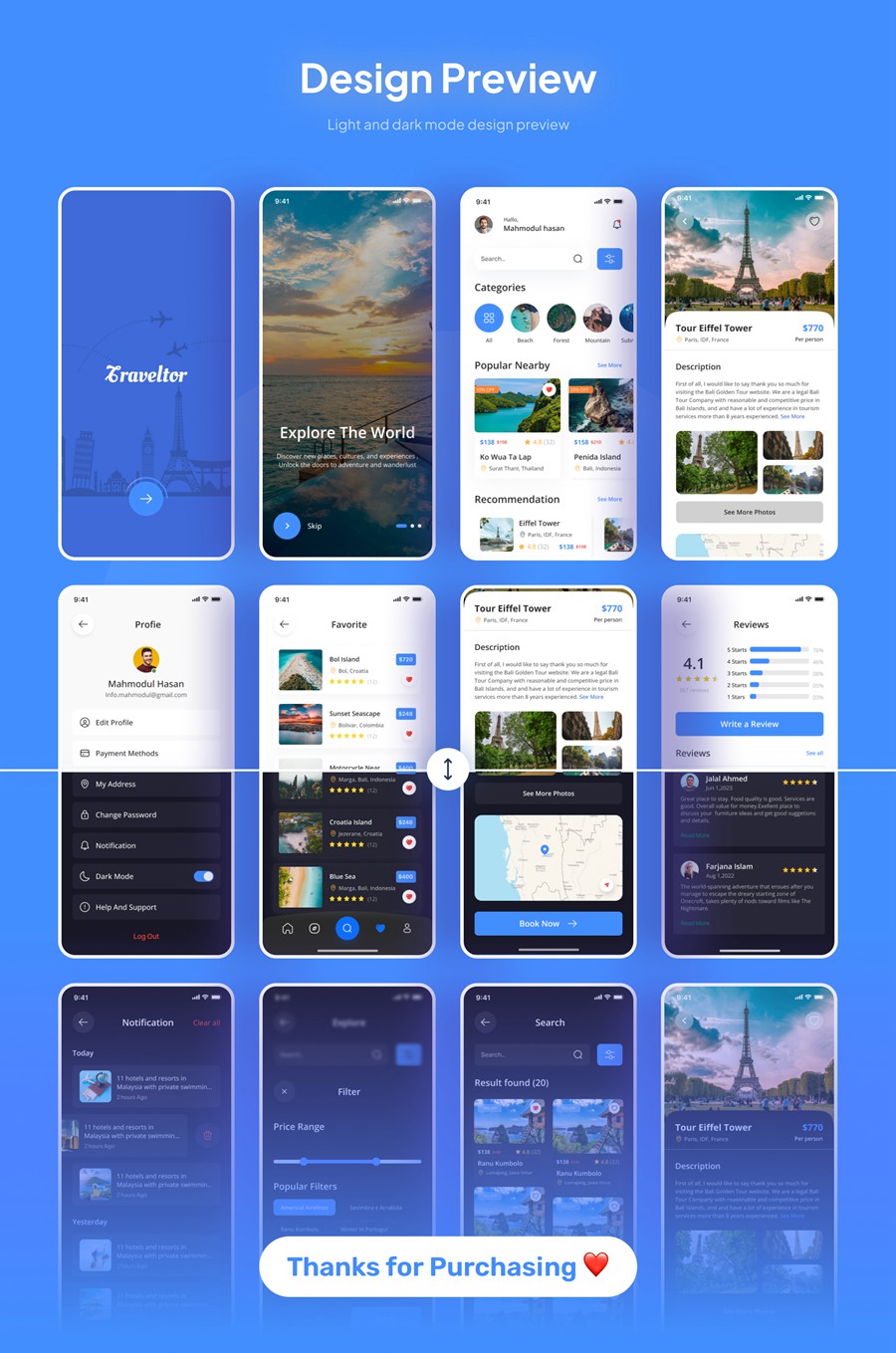 70+屏双配色旅行度假景点门票预订购买APP UI界面设计Figma模板套件 Premium Travel Mobile App UI kit , 第7张