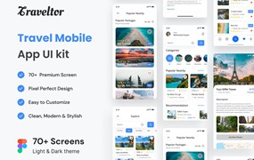 70+屏双配色旅行度假景点门票预订购买APP UI界面设计Figma模板套件 Premium Travel Mobile App UI kit