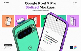 9款卡通风格化谷歌安卓Google Pixel 9 Pro手机UI广告设计展示贴图样机PS/Figma格式素材 Google Pixel 9 Pro Stylized Mockups