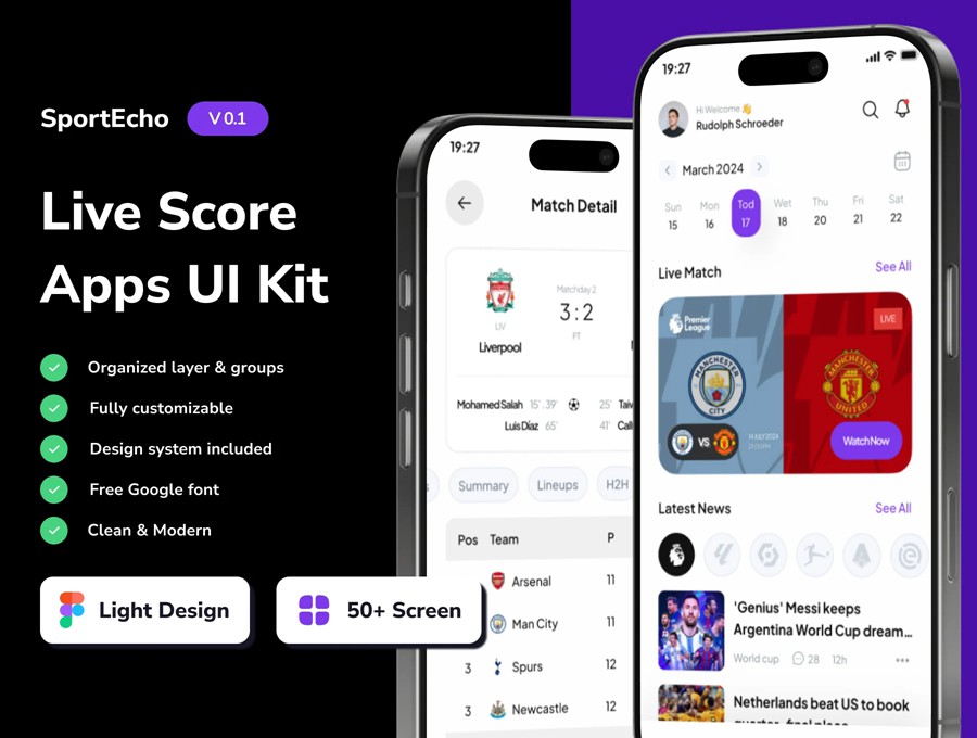 50+屏简约足球篮球体育赛事比赛直播APP UI界面设计Figma模板套件 SportEcho – Football Live Score Mobile App UI Kit , 第1张