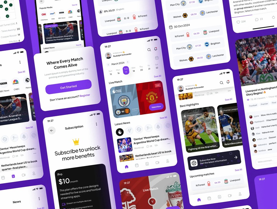 50+屏简约足球篮球体育赛事比赛直播APP UI界面设计Figma模板套件 SportEcho – Football Live Score Mobile App UI Kit , 第5张