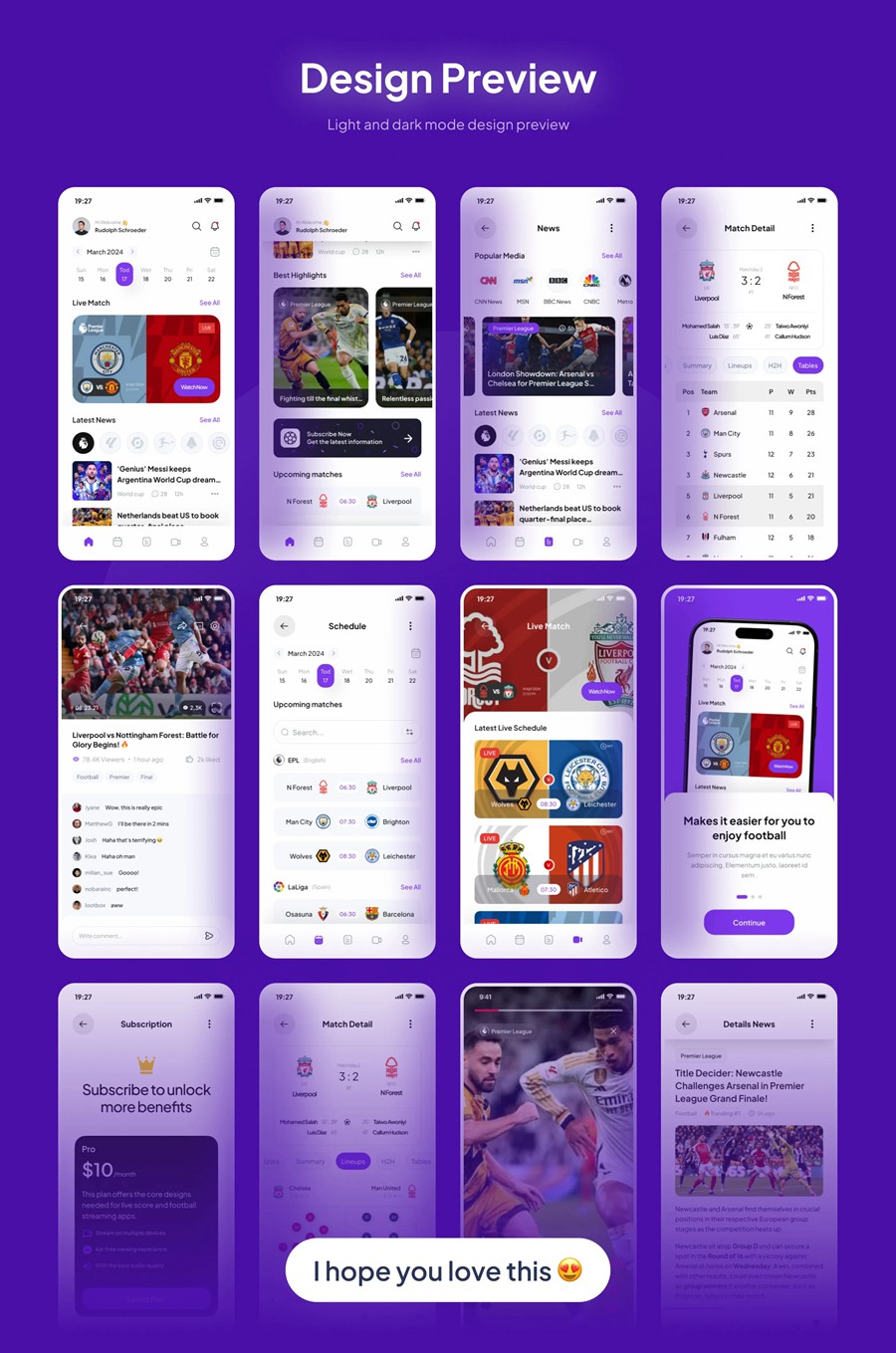 50+屏简约足球篮球体育赛事比赛直播APP UI界面设计Figma模板套件 SportEcho – Football Live Score Mobile App UI Kit , 第8张