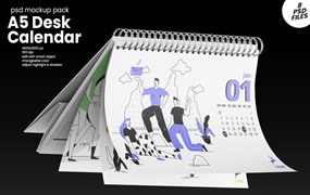 8款逼真A5横版台历日历个人作品集设计展示PS贴图样机MOCKUP模板素材 A5 Landscape Desk Calendar PSD Mockup Set