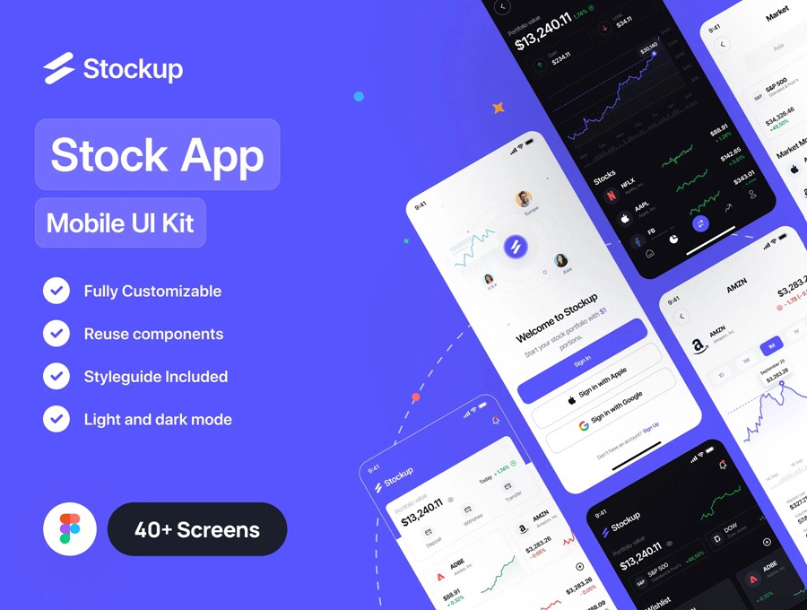 40+屏金融投资理财股票基金债券软件APP UI界面设计Figma模板套件 Stockup – Stock App UI Kit , 第1张