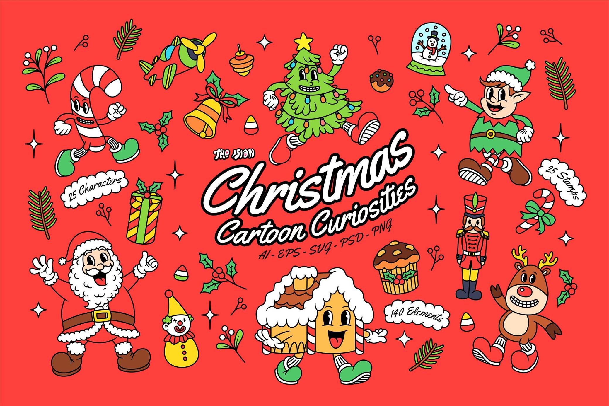 190个圣诞节趣味卡通插画卡片邮票AI矢量PNG图形 Christmas Cartoon Curiosities — Graphics , 第1张