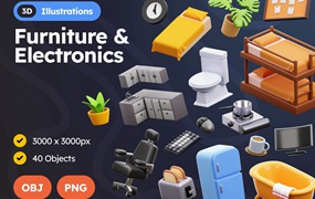 40款创意家具家用电器3D插图UI界面图标Icons设计Blender/PNG格式素材 Furniture and Electronics