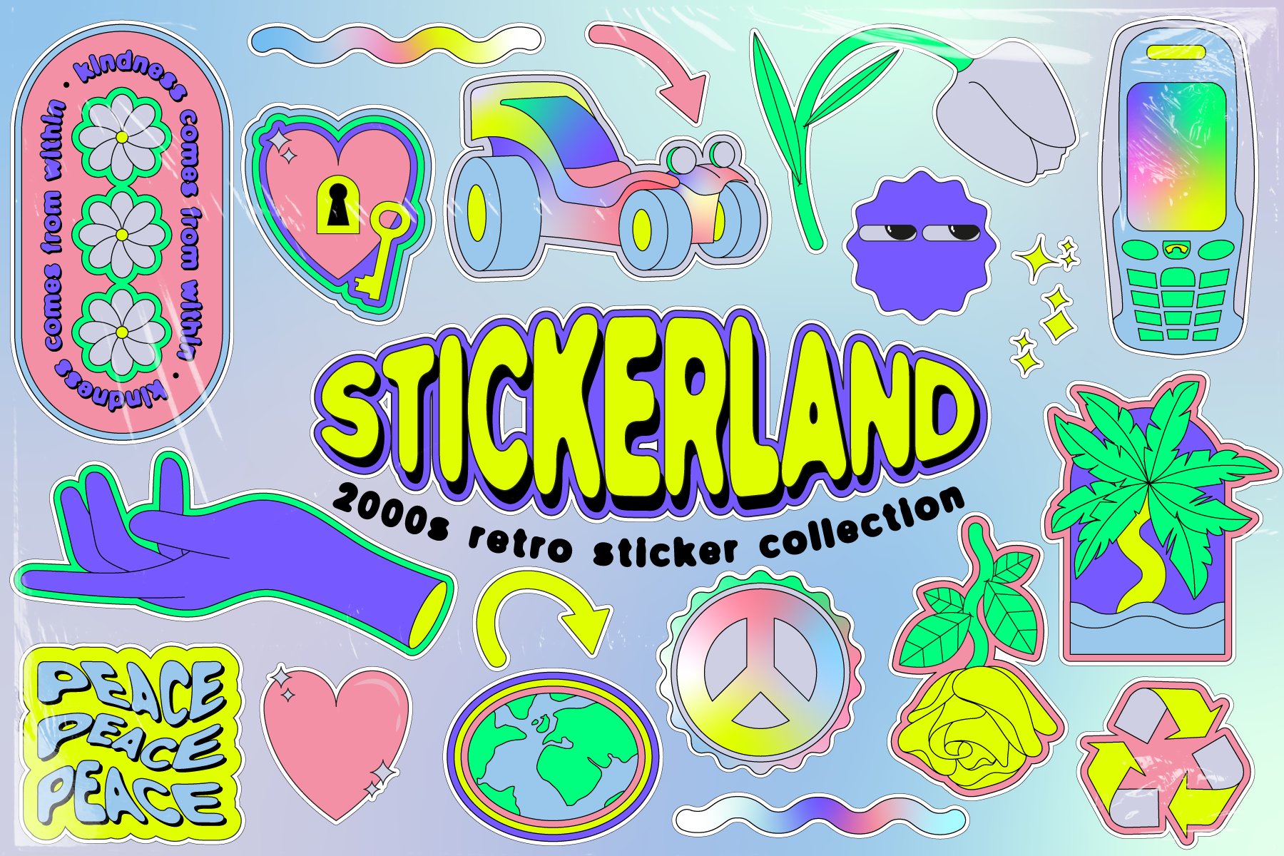 STICKERLAND 2000s Vector Set 复古贴纸元素多彩缤纷霓虹色调PNG、AI矢量集 图片素材 第1张