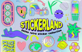 STICKERLAND 2000s Vector Set 复古贴纸元素多彩缤纷霓虹色调PNG、AI矢量集