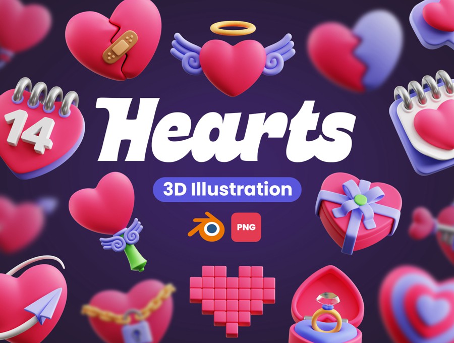 50款3D趣味卡通爱心情人节七夕icon图标Blender插画模型设计套装Hearts 3D Icons , 第1张