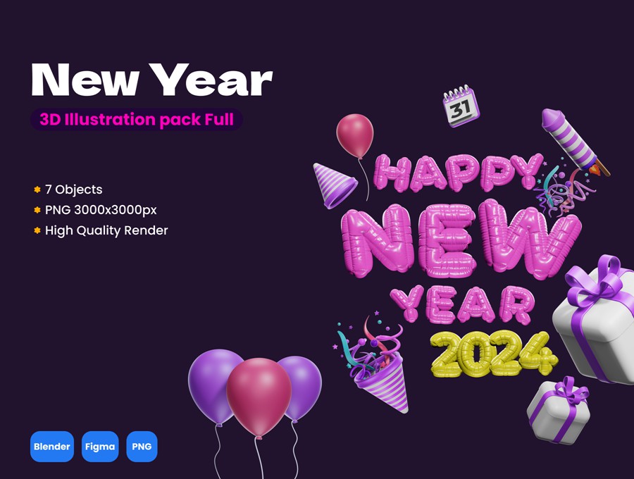 创意气球质感新年快乐3D英文字母设计blender/png格式素材 Happy New Year 3D icons Pack , 第1张