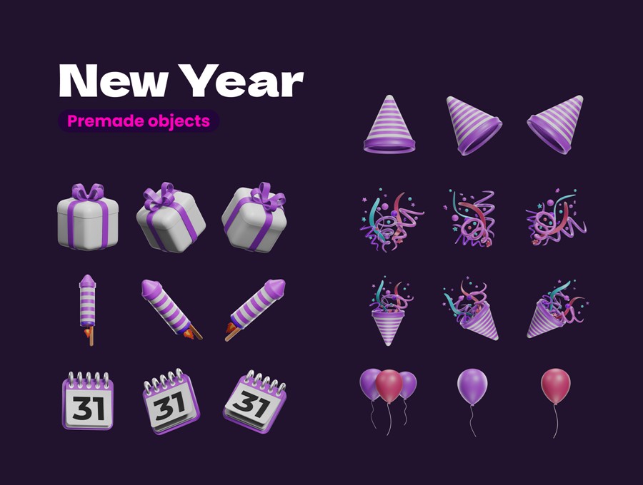 创意气球质感新年快乐3D英文字母设计blender/png格式素材 Happy New Year 3D icons Pack , 第2张