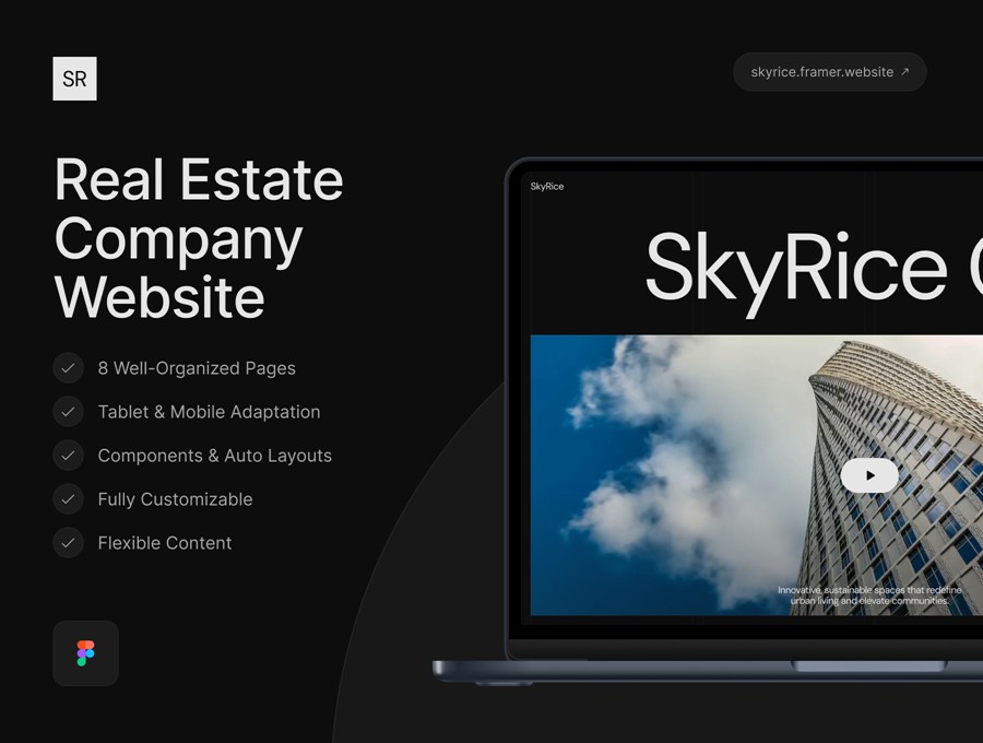 高级房地产开发商公司官网网站登录页面WEB UI设计Figma模板素材 SkyRice – Real Estate Company Website , 第1张