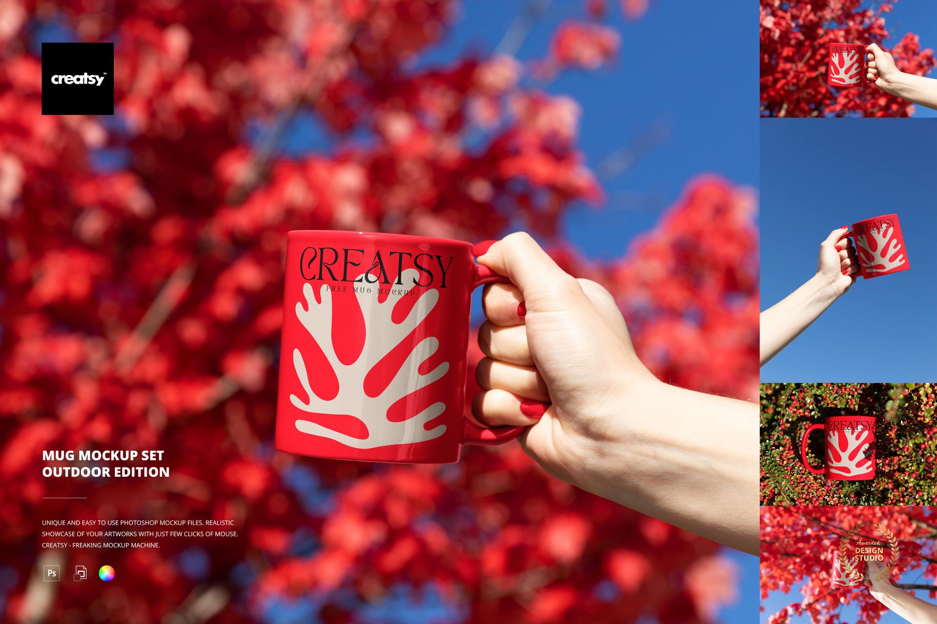 户外拍摄手持咖啡杯马克杯陶瓷杯Logo设计贴图PSD样机模板素材 Mug Mockup Set – Outdoor Edition , 第1张