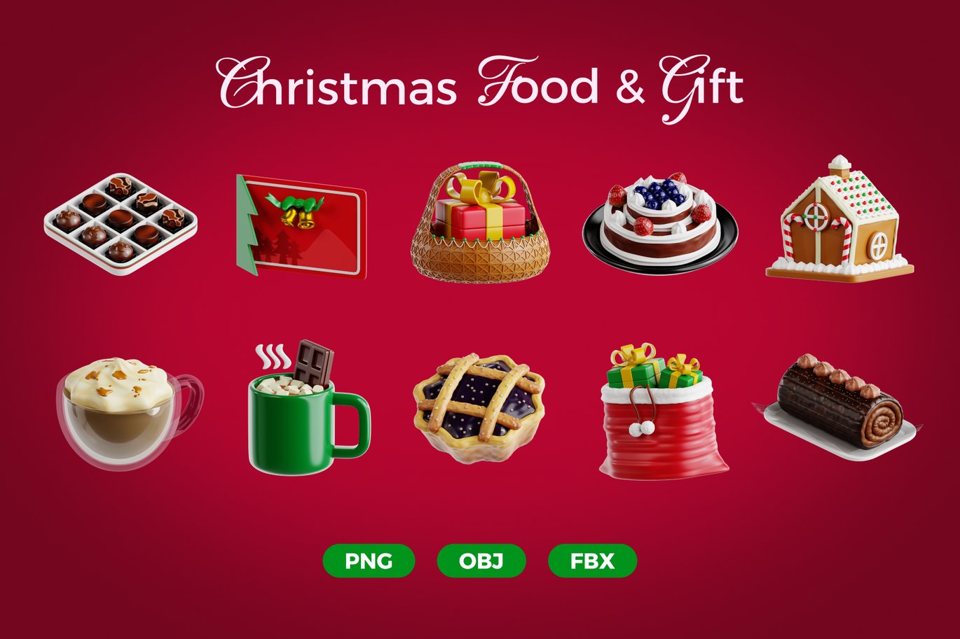 圣诞节食品美食礼物3D插图图标Icons设计PNG/FBX/OBJ格式素材 Christmas Food & Gift 3D Icon Set , 第2张