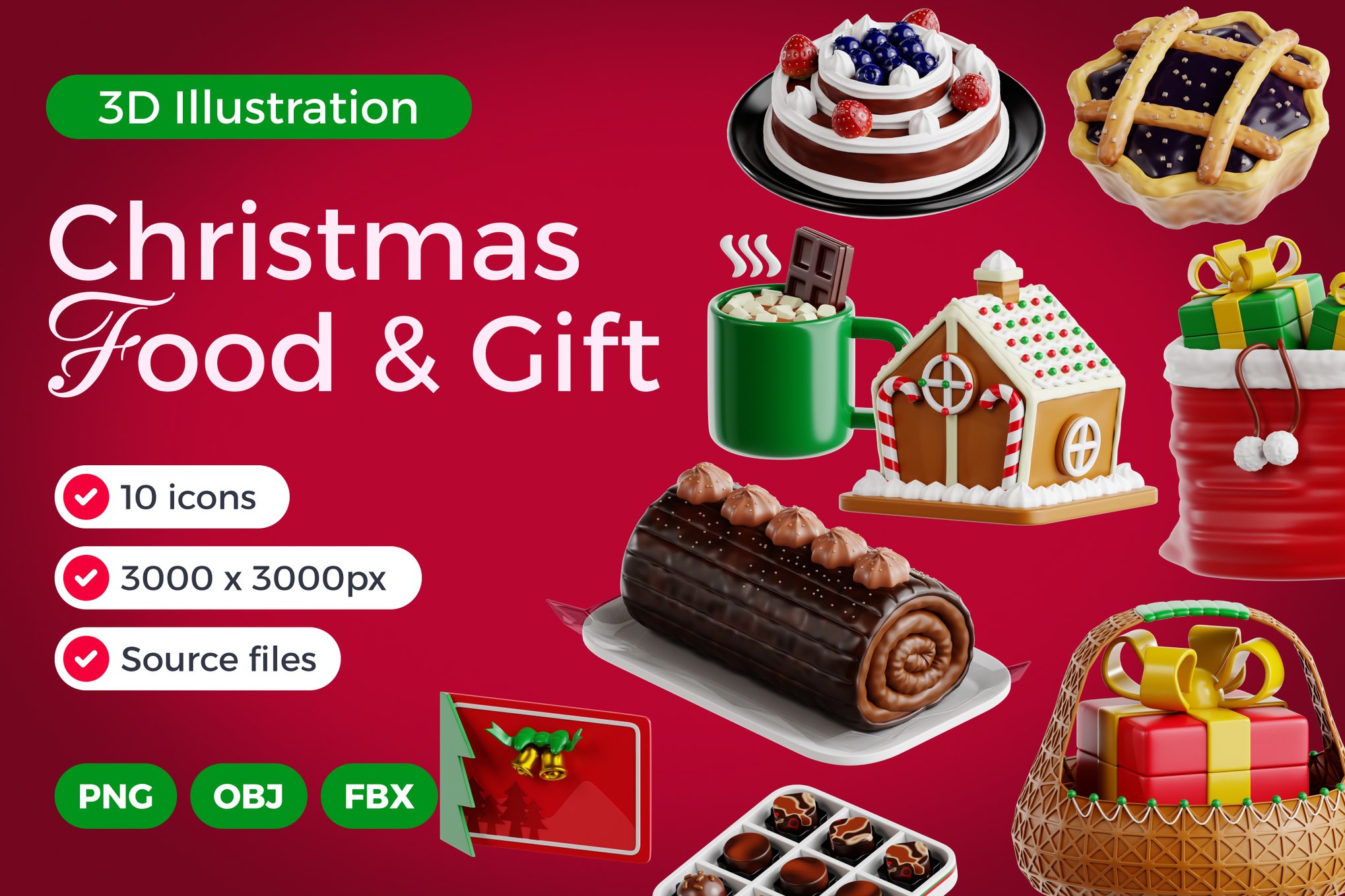 圣诞节食品美食礼物3D插图图标Icons设计PNG/FBX/OBJ格式素材 Christmas Food & Gift 3D Icon Set , 第1张