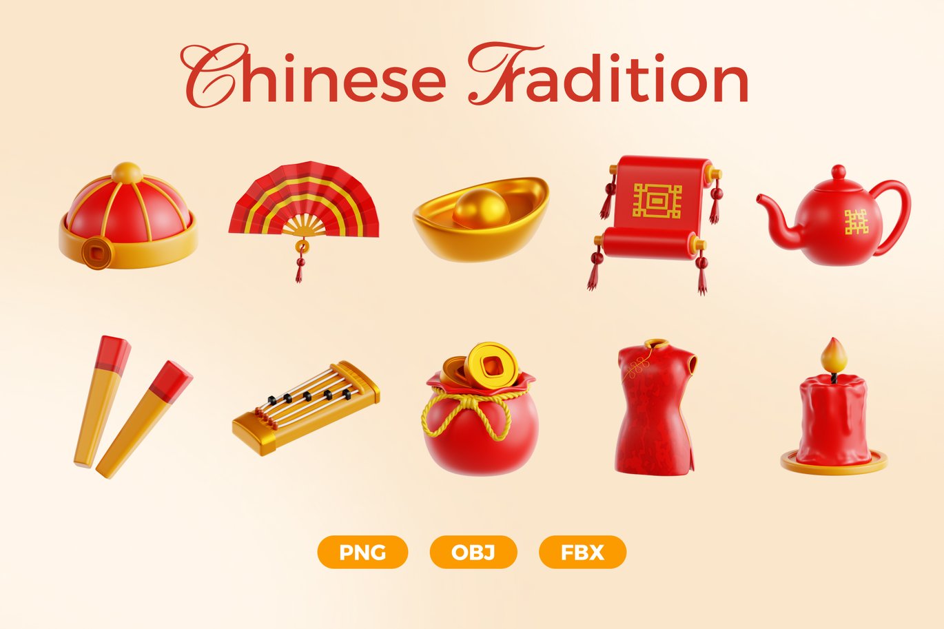 中国传统农历新年春节3D图标插图设计PNG/OBJ/FBX格式素材 Chinese Tradition 3D Icon Set , 第2张