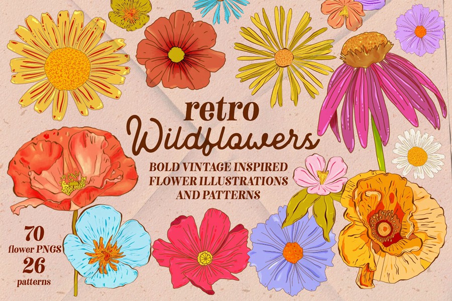 Retro Wildflowers - Bold Flowers 复古INS花卉插图和无缝图案 包装印刷 纺织印刷 海报设计 图片素材 第1张