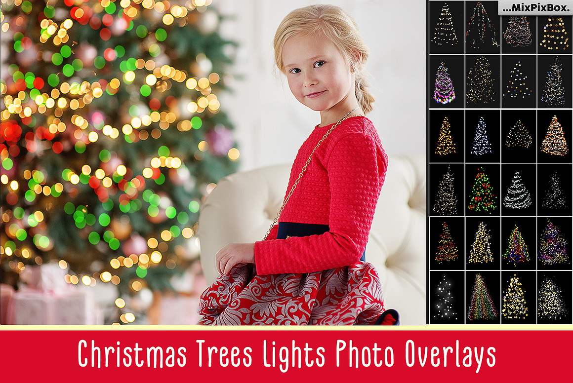 24种冬季圣诞节装饰灯光闪烁发光叠加层 Christmas Trees Lights Overlays , 第1张