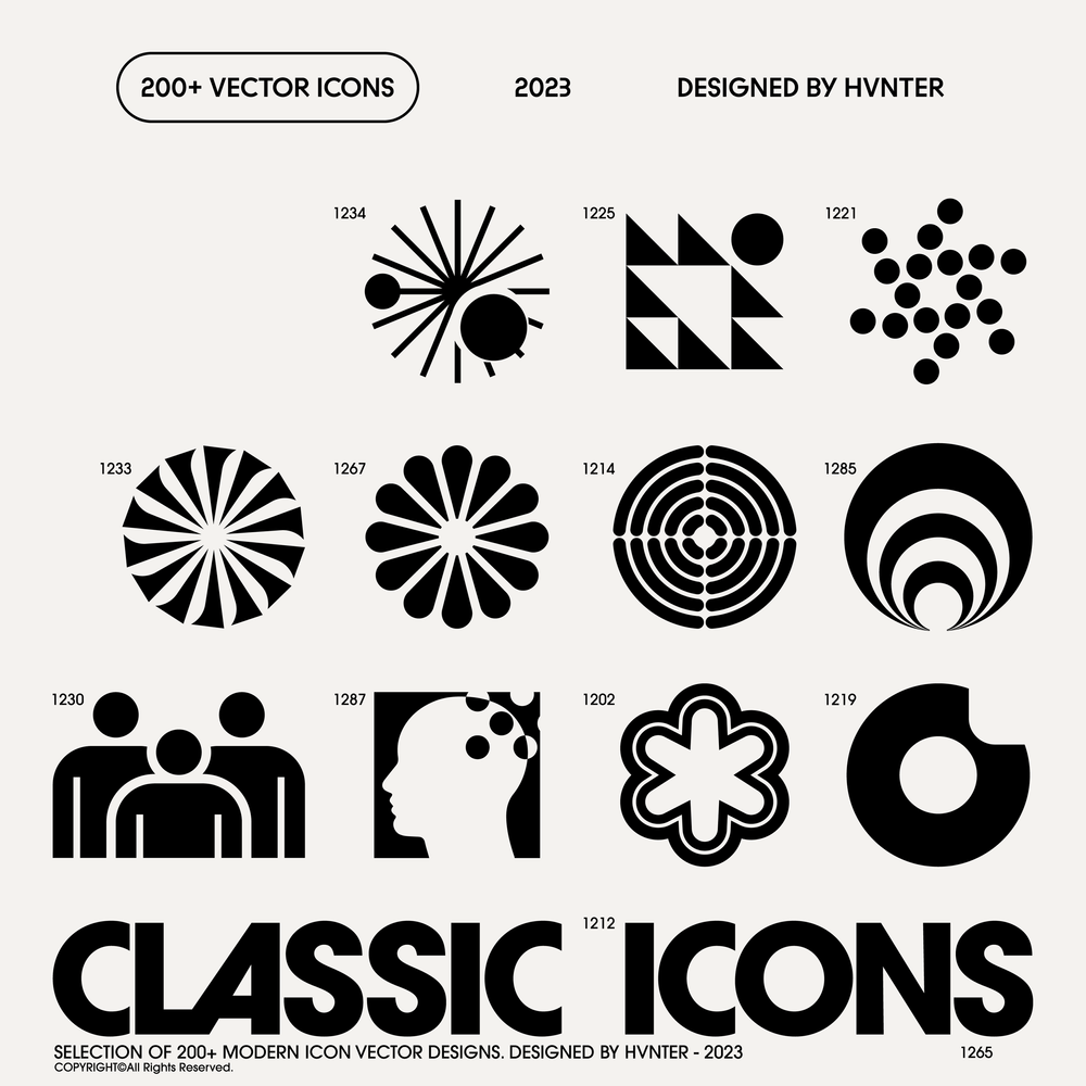 200款经典现代企业logo徽标标签几何抽象AI矢量图形图标设计套装Classic Icons Pack , 第1张