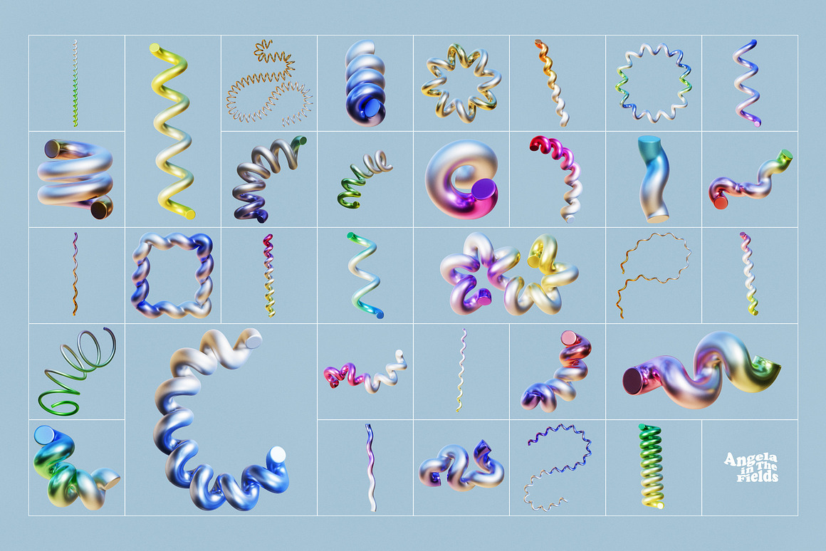 100+复古70年代迷幻科技金属镀铬弹簧线条AI矢量几何网格PNG元素插画设计套装3D Loops & Grids , 第4张