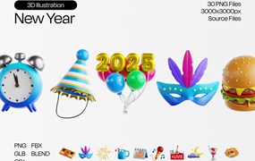 30款3D趣味2025新年跨年庆祝icon图标PNG插画插图Blender模型设计套装New Year 2025 3D Illustration