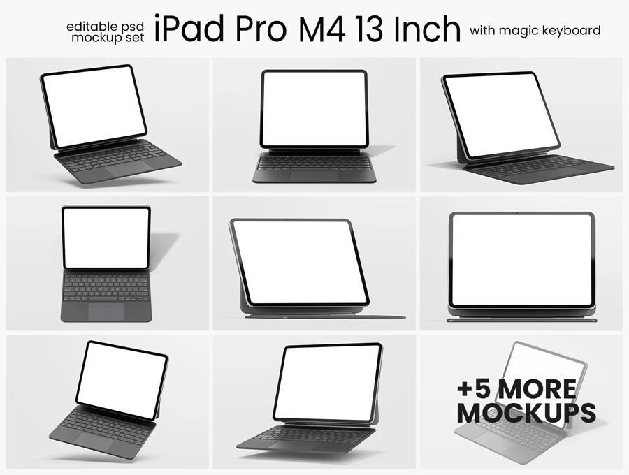 14款Ins风带键盘苹果iPad Pro M4平板电脑UI界面设计PS贴图样机模板 iPad Pro M4 13 Inch Display + Keyboard Pack , 第2张