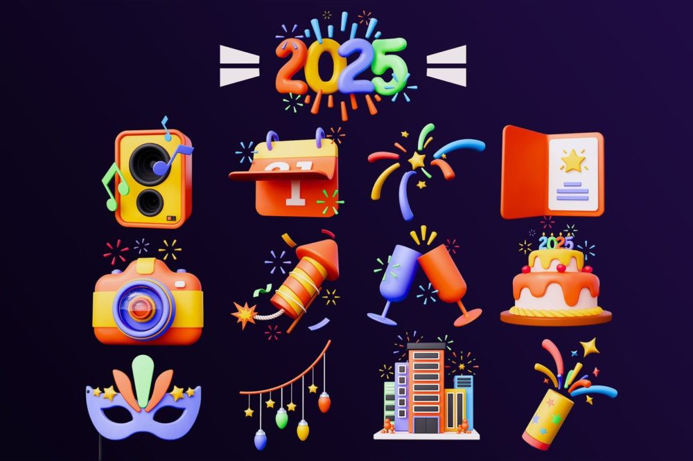 13款3D质感2025新年节日派对庆祝插图图标Icons设计OBJ/PNG格式素材 New Year 3D Icon Pack , 第2张