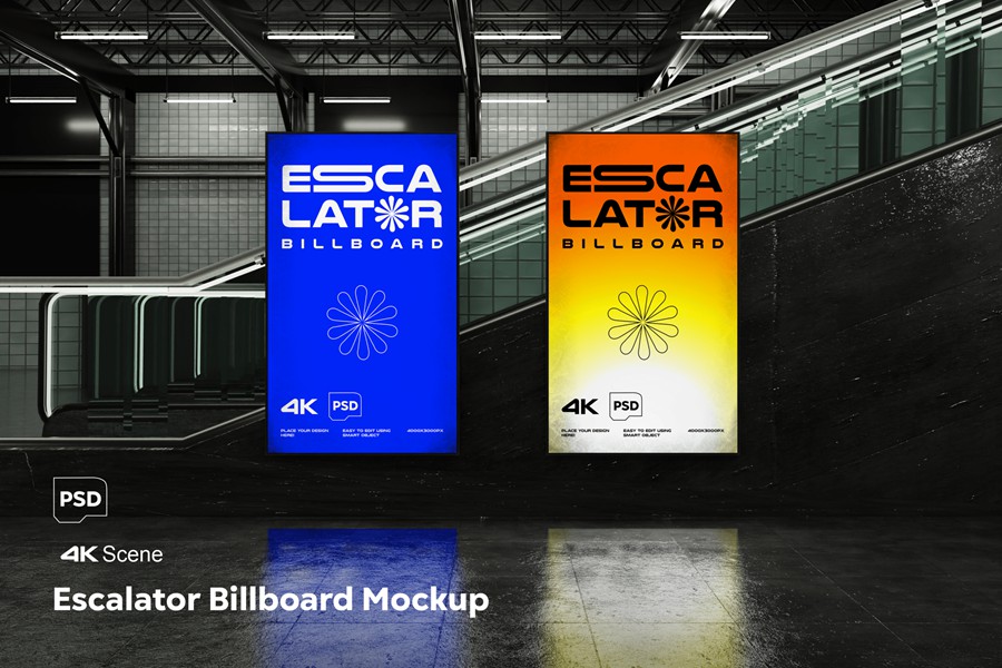 极简地下通道地铁站电梯广告灯箱发光屏幕海报设计展示PSD样机Escalator Billboard Mockup , 第1张