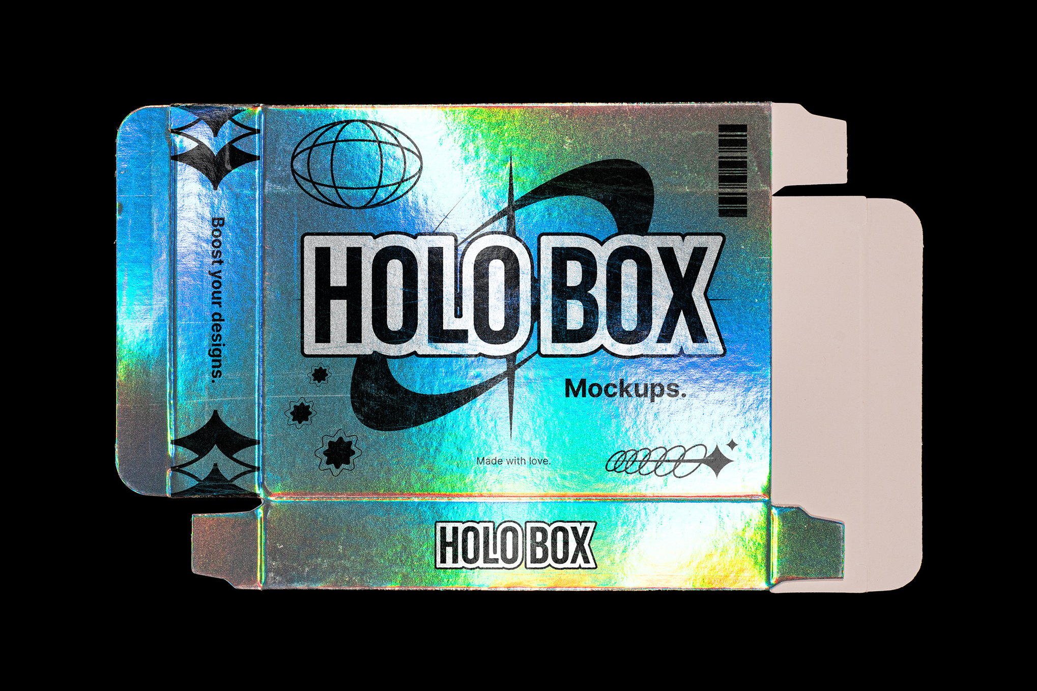 3款复古Y2K全息铝箔包装盒纸盒外观设计展示PSD样机Holographic Box – Mockup Pack , 第1张