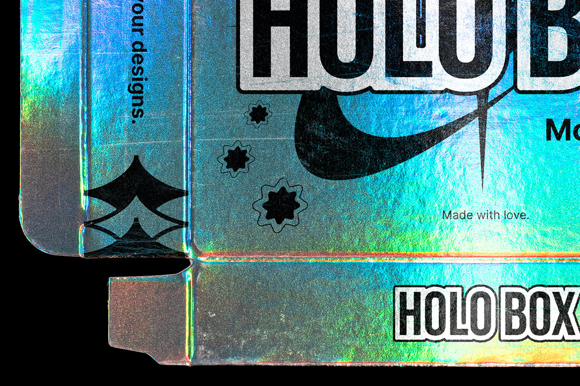 3款复古Y2K全息铝箔包装盒纸盒外观设计展示PSD样机Holographic Box – Mockup Pack , 第2张