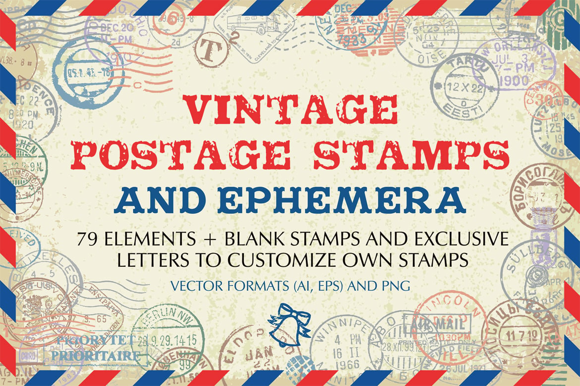 复古英伦邮票印章印戳AI矢量PNG图形设计元素套装Vintage postage stamps and ephemeral vector set , 第1张