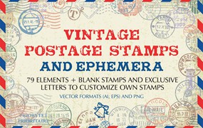 复古英伦邮票印章印戳AI矢量PNG图形设计元素套装Vintage postage stamps and ephemeral vector set