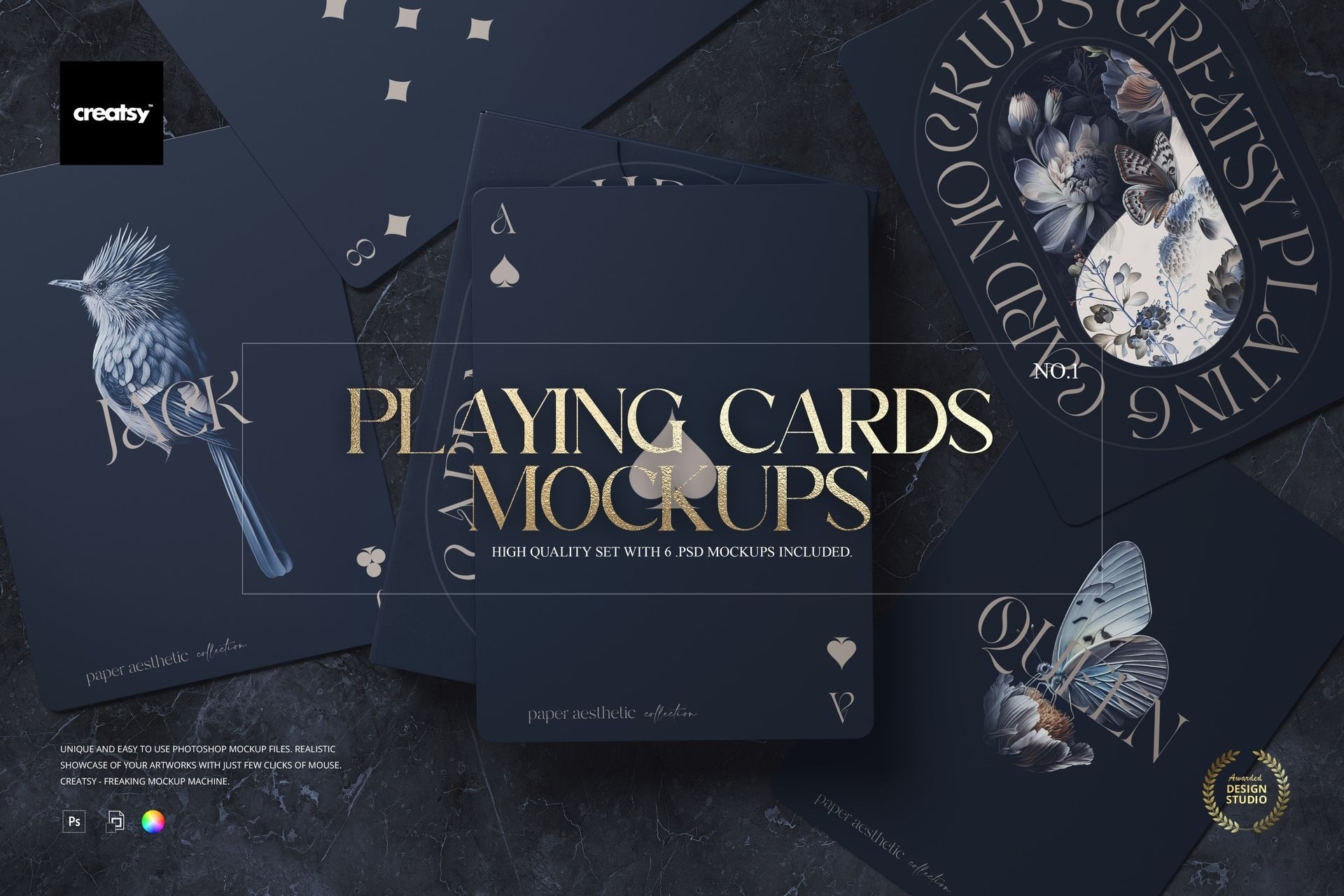 6款时尚扑克牌塔罗牌卡片设计展示效果图PSD样机模板素材 Playing Cards Mockup Set v.1 , 第1张