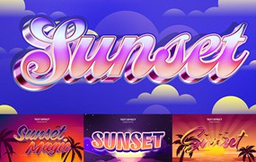 10款蒸汽波3D立体落日Y2K夏威夷度假风文本标题logo徽标PSD特效样机Sunset text effect set