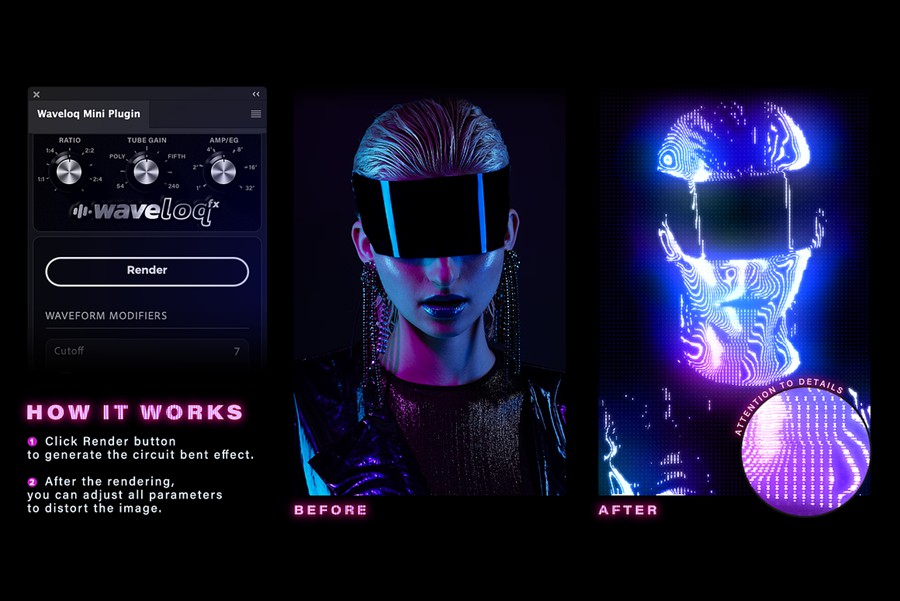 复古梦幻发光毛刺模糊失真电路弯曲模拟调制视觉CRT效果Photoshop插件 Waveloq Photoshop PS Plugin , 第2张