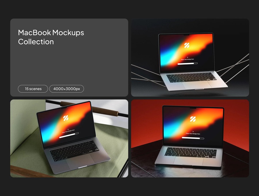 15款高级工业风UI界面设计苹果MacBook笔记本电脑展示效果图PS贴图样机 MacBook Mockups Collection , 第1张