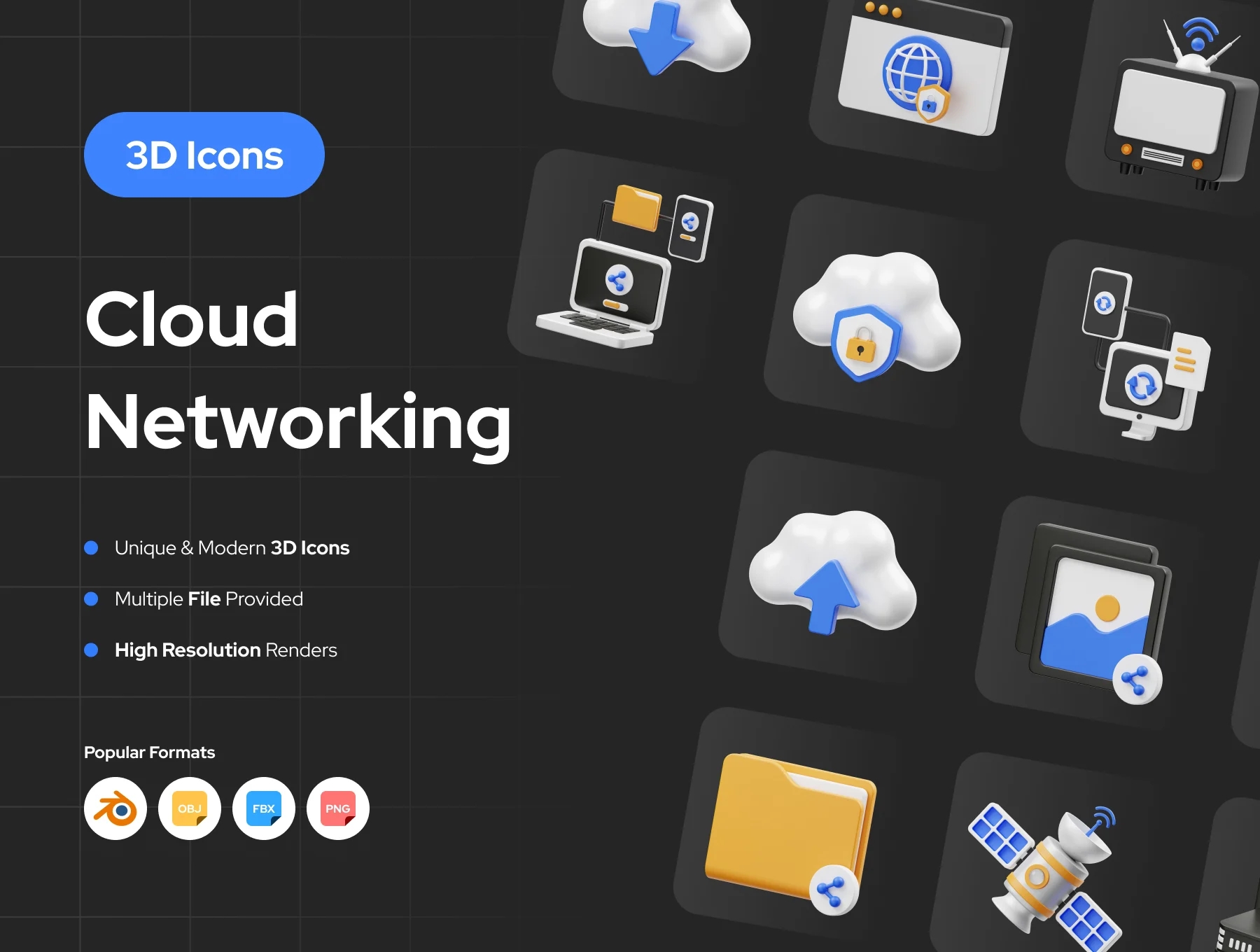 15款云网络存储共享区块链3D图标Icons设计Blender/OBJ/FBX/PNG格式素材 Cloud Networking 3D Icon , 第1张