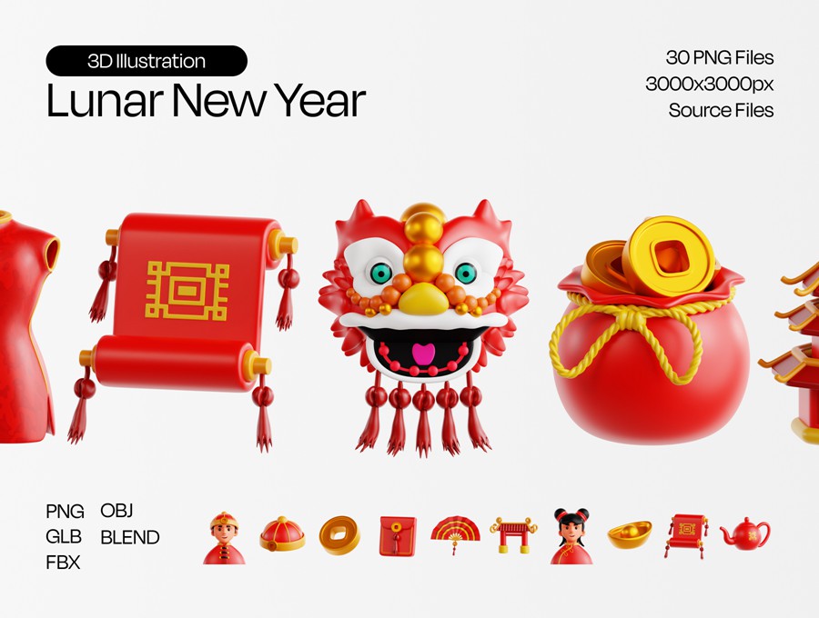 30款中国农历新年春节3d插图图标icons设计blender/fbx/png格式素材Lunar New Year 3D Illustration , 第1张