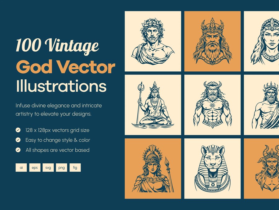 复古神圣欧洲上帝诸神头像肖像手绘插画Ai/Figma/Png格式设计素材Vintage God Vector Illustration , 第1张