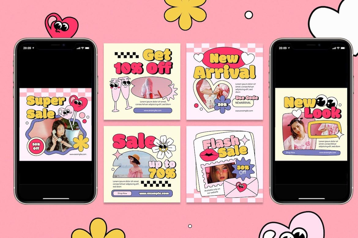 复古卡通ins风情人节图文海报排版设计模版 Retro Cartoon Valentine Fashion Instagram Set , 第2张