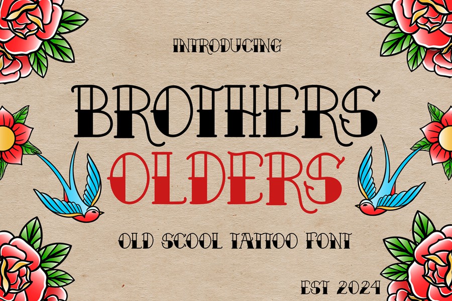 复古卡通海报包装服装徽标设计装饰英文字体安装包 Brothers Olders Vintage Tattoo Display Font , 第1张