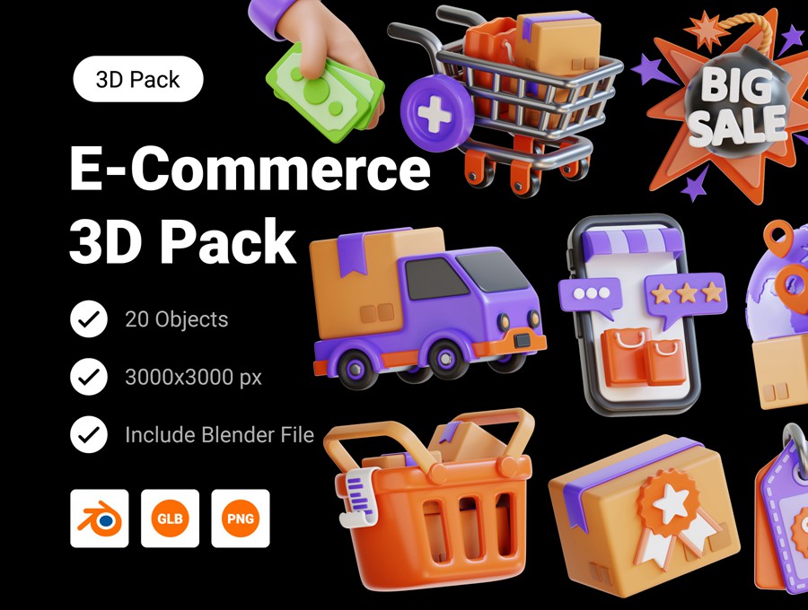 20款电子商城购物物流送货3D插图图标Icons设计Blender/PNG格式素材E-Commerce 3D Pack , 第1张