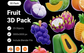 25款3D质感UI界面设计水果插图图标Icons设计Blender/PNG格式素材Fruit 3D Icon Pack