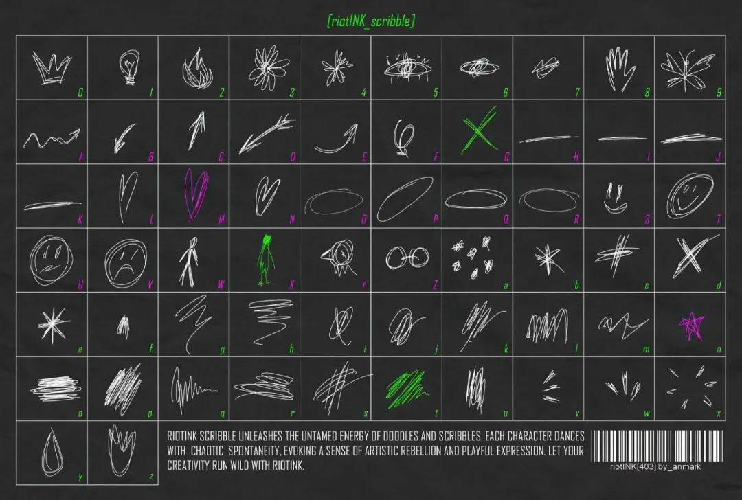 英文字体：复古邋遢涂鸦手绘风格炫酷潦草摇滚线条变体杂志封面字体包 RiotINK. Handwritten Scribble Font , 第9张