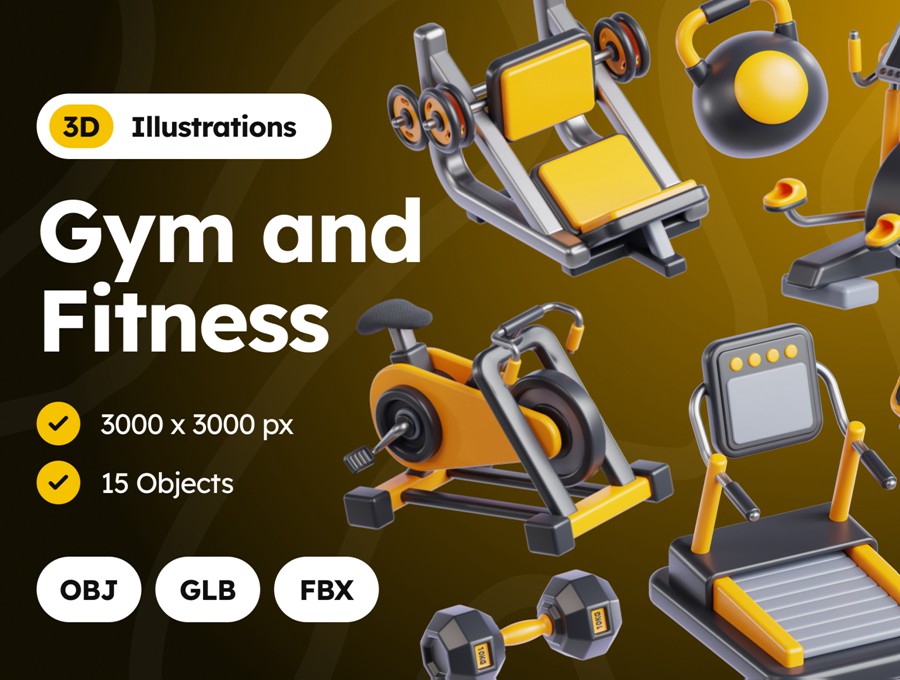 15款健身放健身器材设备3D插图图标Icons设计OBJ/FBX/PNG格式素材3D Gym and Fitness Illustrations , 第1张