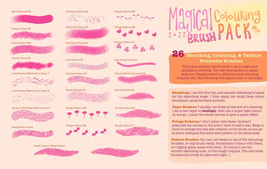 26款素描蜡笔水墨颗粒树叶纸张纹理procreate绘画笔刷画笔素材Magical Colouring Brush Pack for Procreate , 第3张