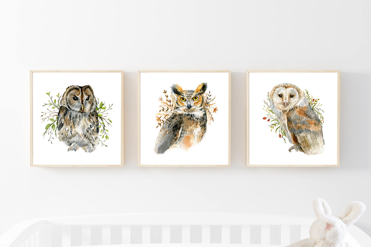 高品质猫头鹰手绘水彩画背景图片PNG/JPG格式设计素材Watercolor Owls set by Nastilustra , 第4张