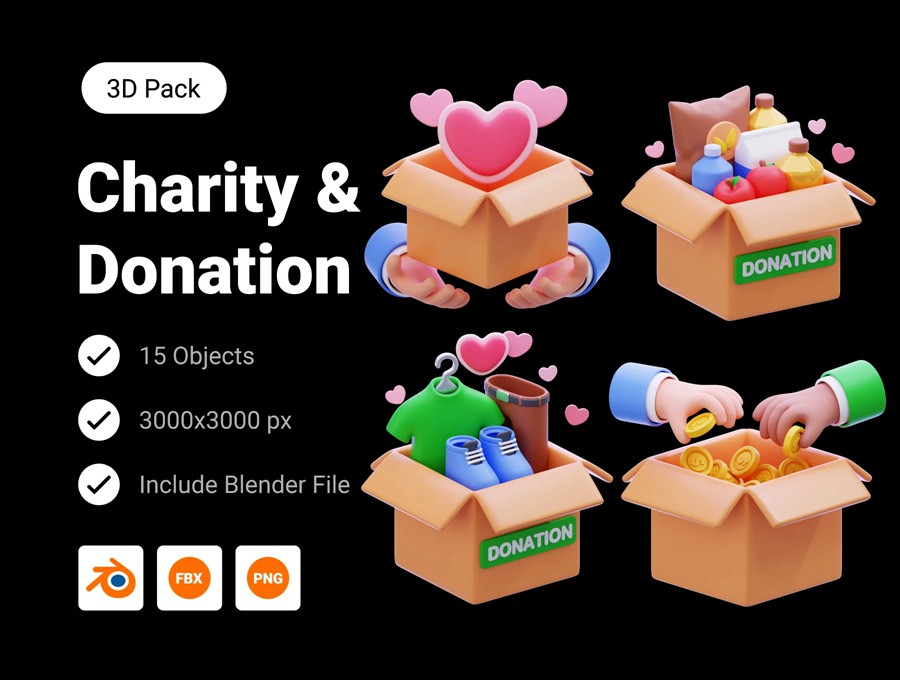 15款3D质感慈善爱心捐赠UI界面图标Icons设计Blender/Png格式素材Charity & Donation 3D Icon Pack , 第1张